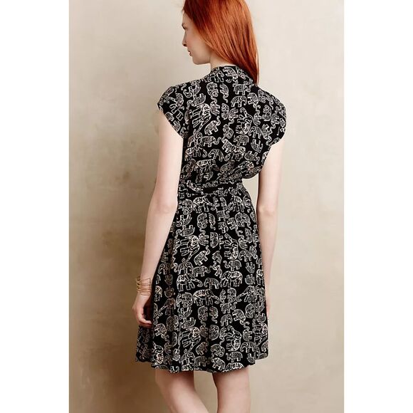 ANTHROPOLOGIE Maeve Noronha Black Beige Elephant Print Faux Wrap Dress Small - Picture 2 of 9